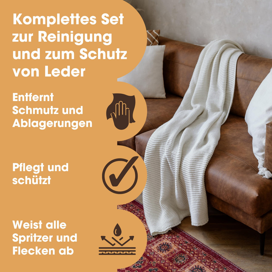 Large Leather Care Kit | Leather Cleaner + Protection Cream for Furniture | Two 17oz Bottles + 1 Sponge & 1 Cloth | Condition and Restore Leather Couches, Car Seats, Jackets, & Boots