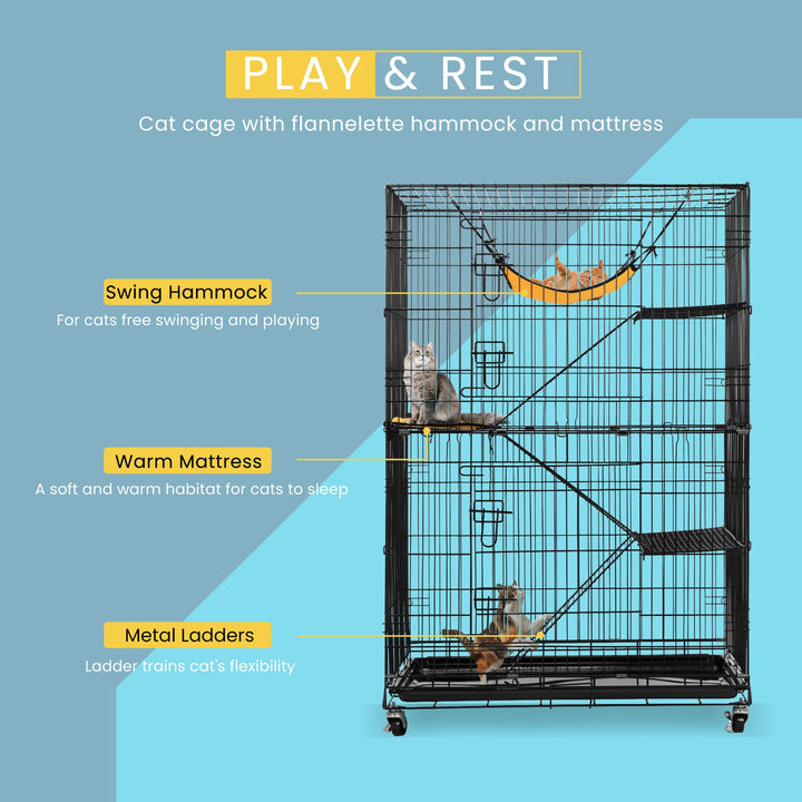 4-Tier 49 Inch Collapsible Metal Cat Kitten Ferret Cage 360° Rotating Casters Enclosure Pet Playpen with Ramp Ladders Hammock and Bed Black