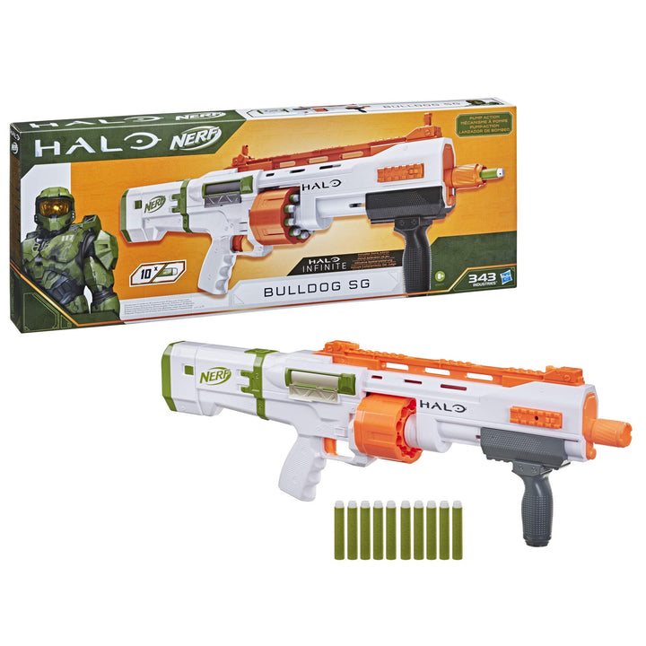 Halo Bulldog SG Dart Blaster - Pump-Action, Rotating 10-Dart Drum, Tactical Rails, 10 Official Elite Darts, Skin Unlock Code