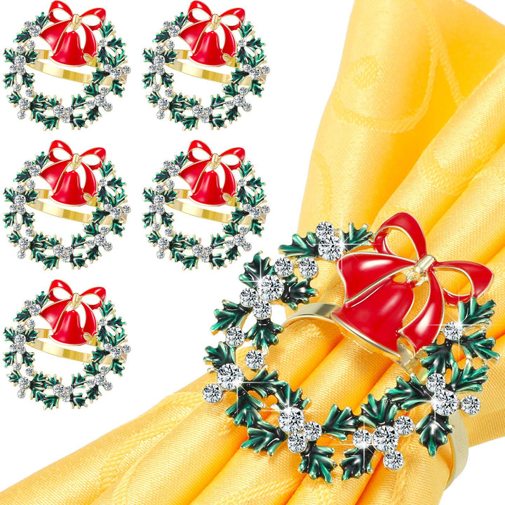 Christmas Napkin Rings Set Christmas Wreath Napkin Ring Metal Napkin Buckle Ring Green Diamond Alloy Napkin Ring for Christmas Dinner Party Serviette (6 Pieces)