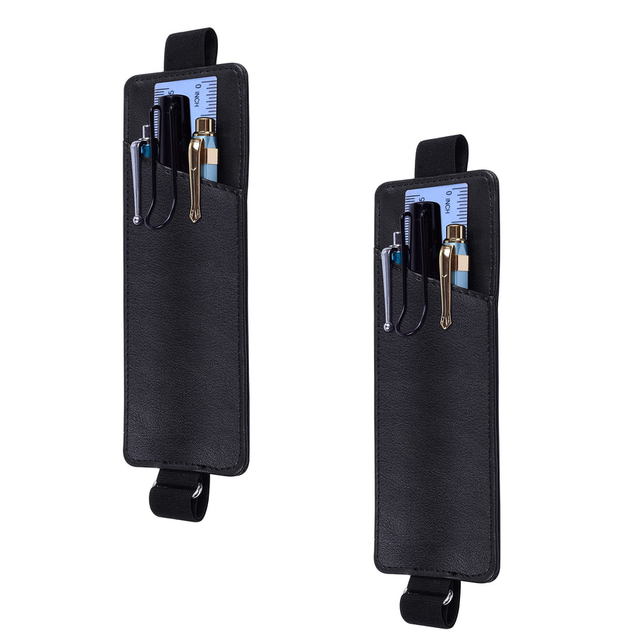 Adjustable Elastic Band Pen Holder, 2 Packs PU Leather Pencil Holder, Pen Sleeve Pouch, Fits for 8 to 11.5 Hardcover Journals, Notebooks, Planners, iPad - Black