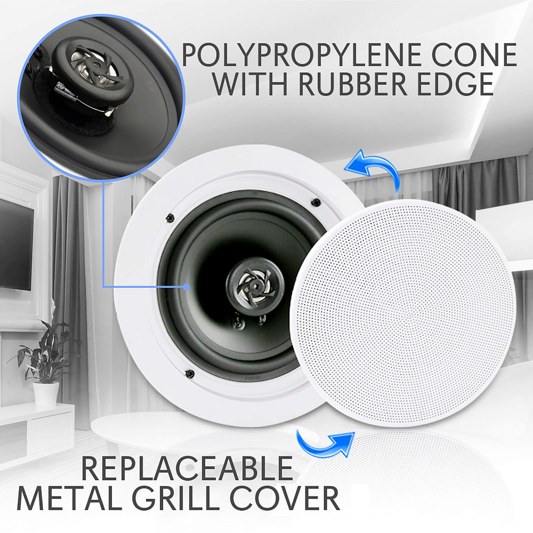6.5” Pair Bluetooth Flush Mount In-wall In-ceiling 2-Way Speaker System Quick Connections Changeable Round/Square Grill Polypropylene Cone & Polymer Tweeter Stereo Sound 150 Watt (PDICBT652RD)