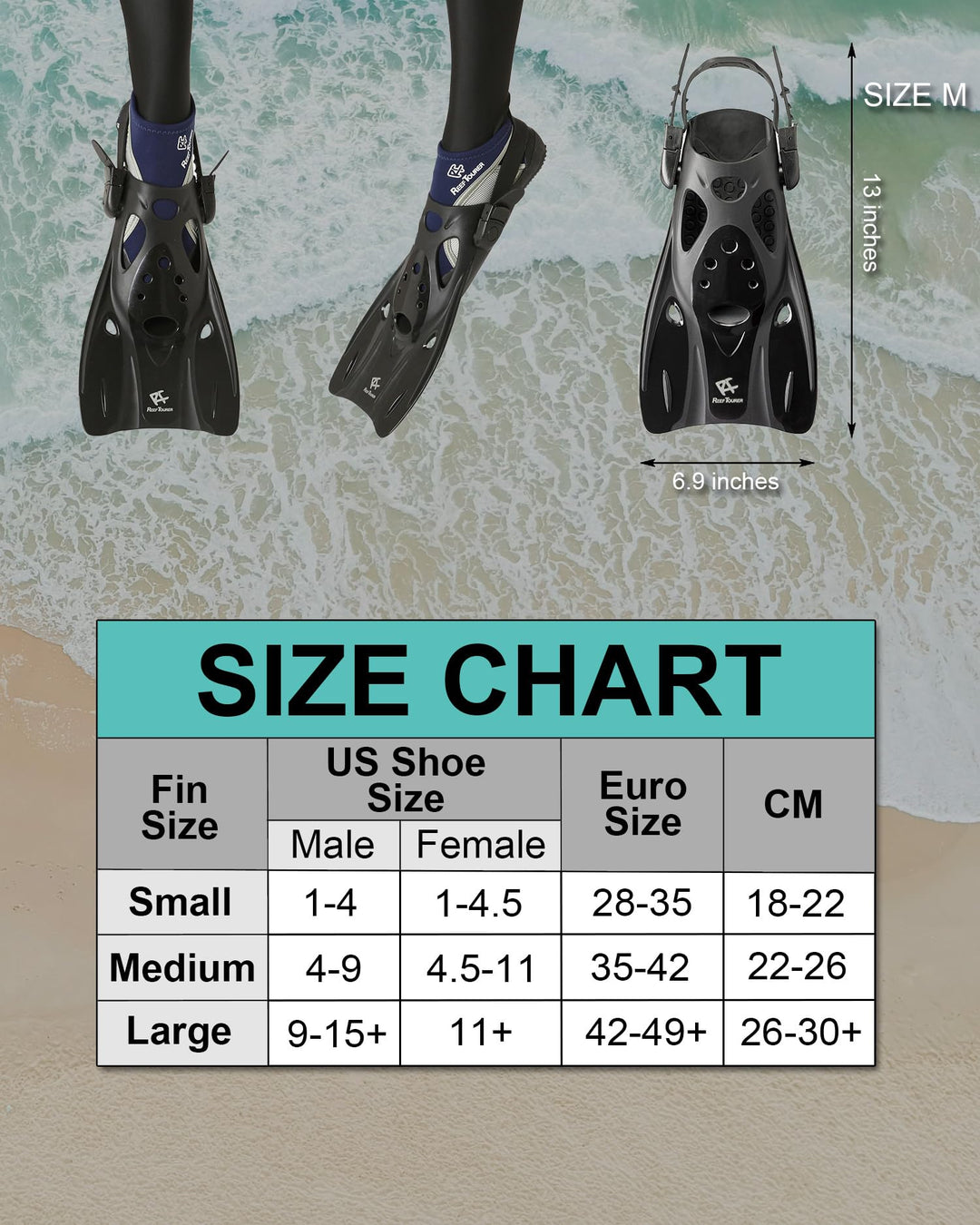 Reef Tourer Adult Single-Window Mask, Snorkel and Fin Traveling Set, Black, Medium (4-9)