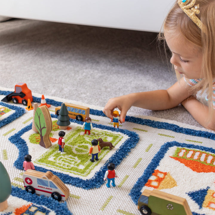 Thick 3D Childrens Play Mat & Rug in A Colorful Town Design for Kids with Soccer Field, Car Park & Roads, Blue, 32 x 45 inches