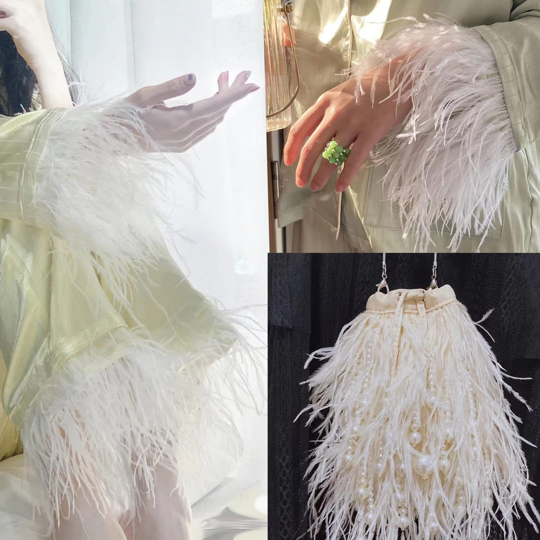 Happy feather 2 Yards 5-6inch White Ostrich Feathers Trim Fringe for DIY Dress Sewing Crafts Costumes Decoration