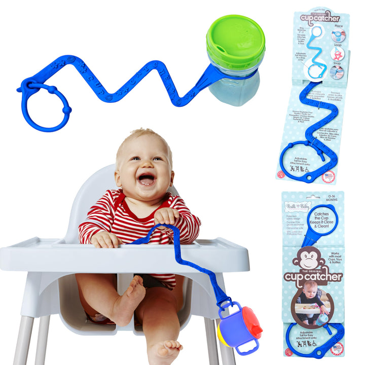 Cup Catcher - Patented Safety Tether to attach Sippy Cups, Bottles, Toys & Pacifiers to Strollers, High Chairs & Car Seats, Made in USA, Food grade, Dishwasher Safe (Navy)
