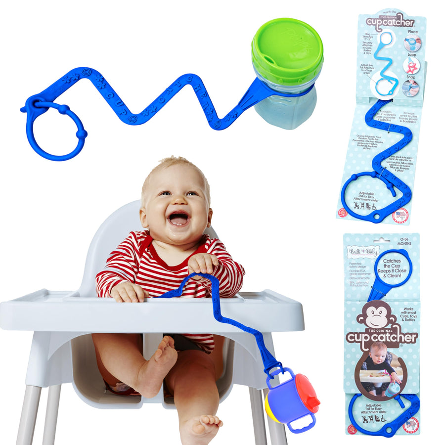 Cup Catcher - Patented Safety Tether to attach Sippy Cups, Bottles, Toys & Pacifiers to Strollers, High Chairs & Car Seats, Made in USA, Food grade, Dishwasher Safe (Navy)
