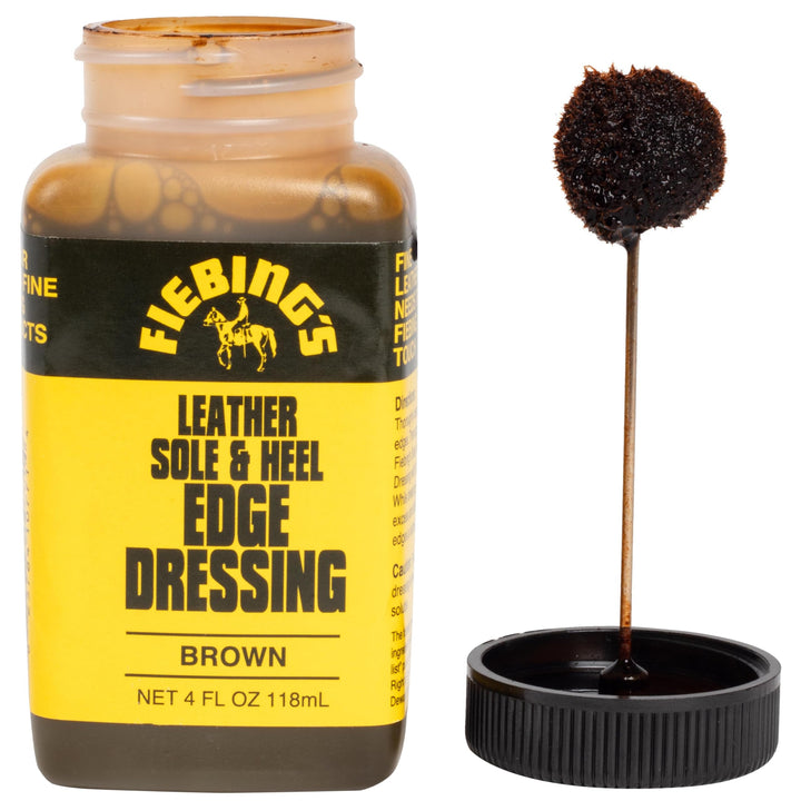 Fiebing's Leather Sole & Heel Brown Edge Dressing (4 oz) - High Gloss Shoe Dressing for Leather Soles and Heels - Provides a Protective, Glossy Finish After a Shoe Shine - Includes Brush Applicator