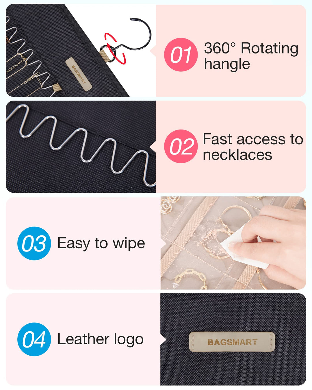 Hanging Jewelry Organizer Storage Roll with Hanger Metal Hooks Double-Sided Jewelry Holder for Earrings, Necklaces, Rings on Closet, Wall, Door, 1 piece, Medium, Black
