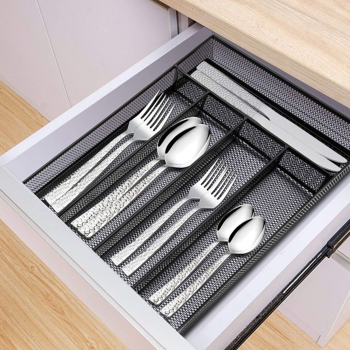 Silverware Drawer Organizer, Mesh Wire Utensil Tray Drawer Organizer for Kitchen, Black Narrow Metal Flatware Cutlery Holder/Divider, 5 Compartment & Small Size - 12.5 x 9.25-Inch