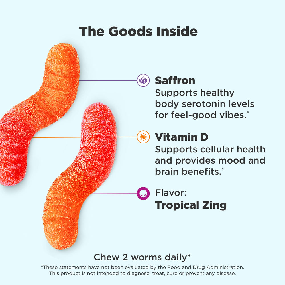 Hello Happy Gummy Worms, Mood Balance Support, Vitamin D, Saffron, Adult Chewable Supplement, Gluten Free, Tropical Zing - 90 Count