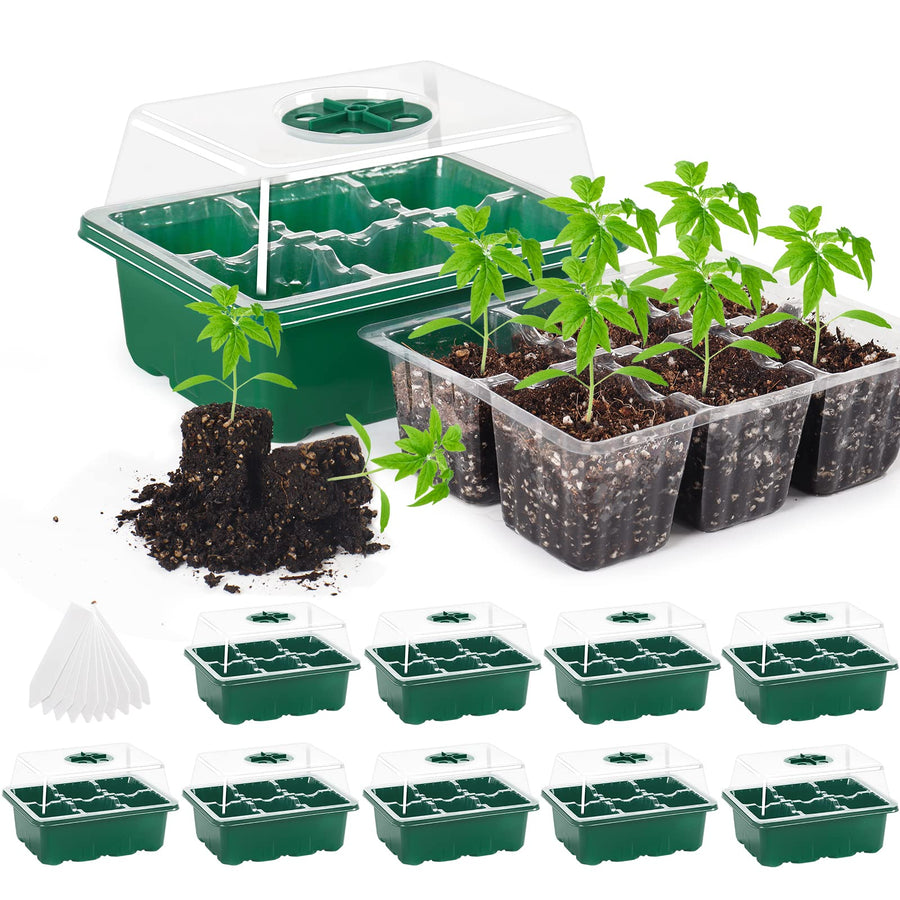 10 Set Seedling Trays Seed Starter Kit, 60 Large Cells Mini Propagator Plant Grow Kit with Humidity Vented Domes and Base for Seeds Starting Greenhouse (6 per Tray)