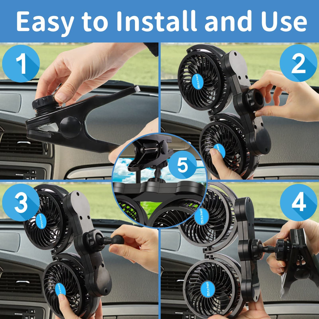 Dual Head 4 Inches Car Fan, 12v Adjustable Clip Fan with Stepless Speed Regulation, 360° Rotatable, Portable Car Cooler for Front/Rear Seat Passenger, SUV, RV