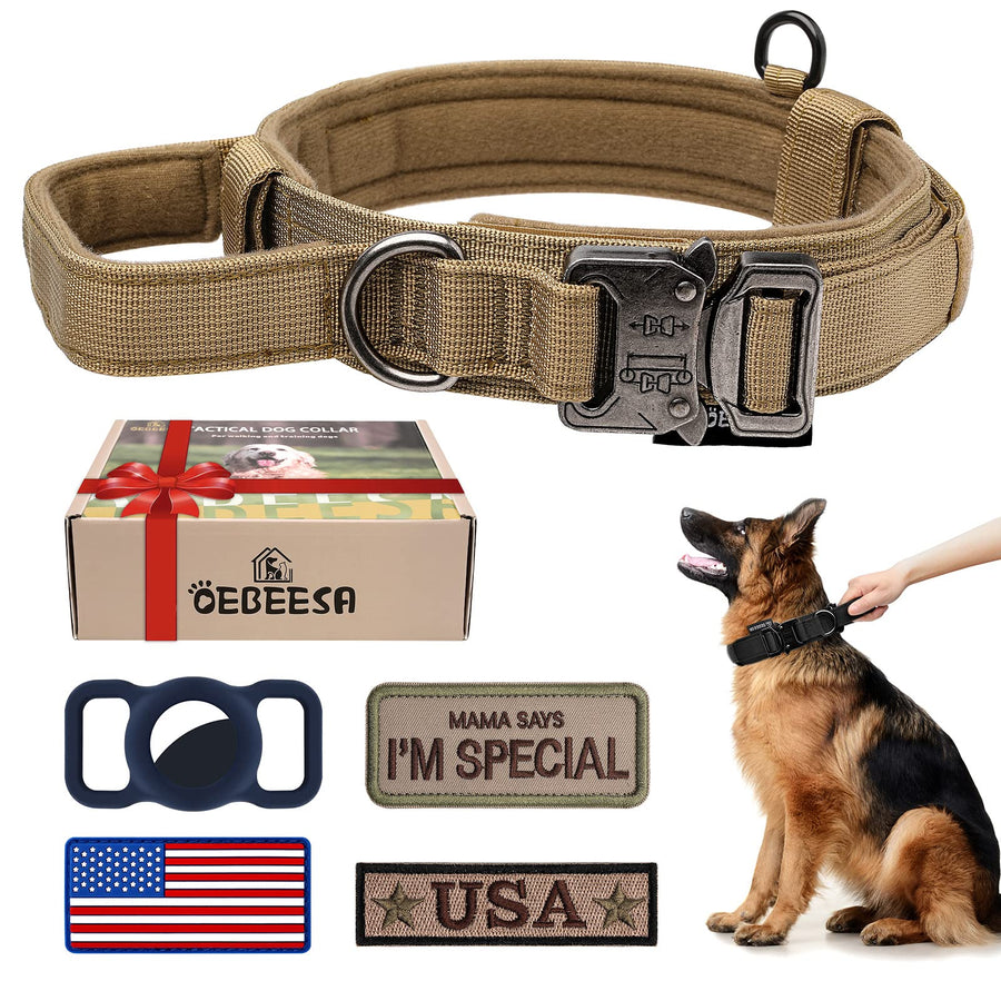 Tactical Dog Collar Adjustable Military Collar: - Nylon K9 Collars with Handle and Heavy Duty Metal Buckle for Medium Dogs with 3 Patches and Airtag Case Holder (M, Brown)