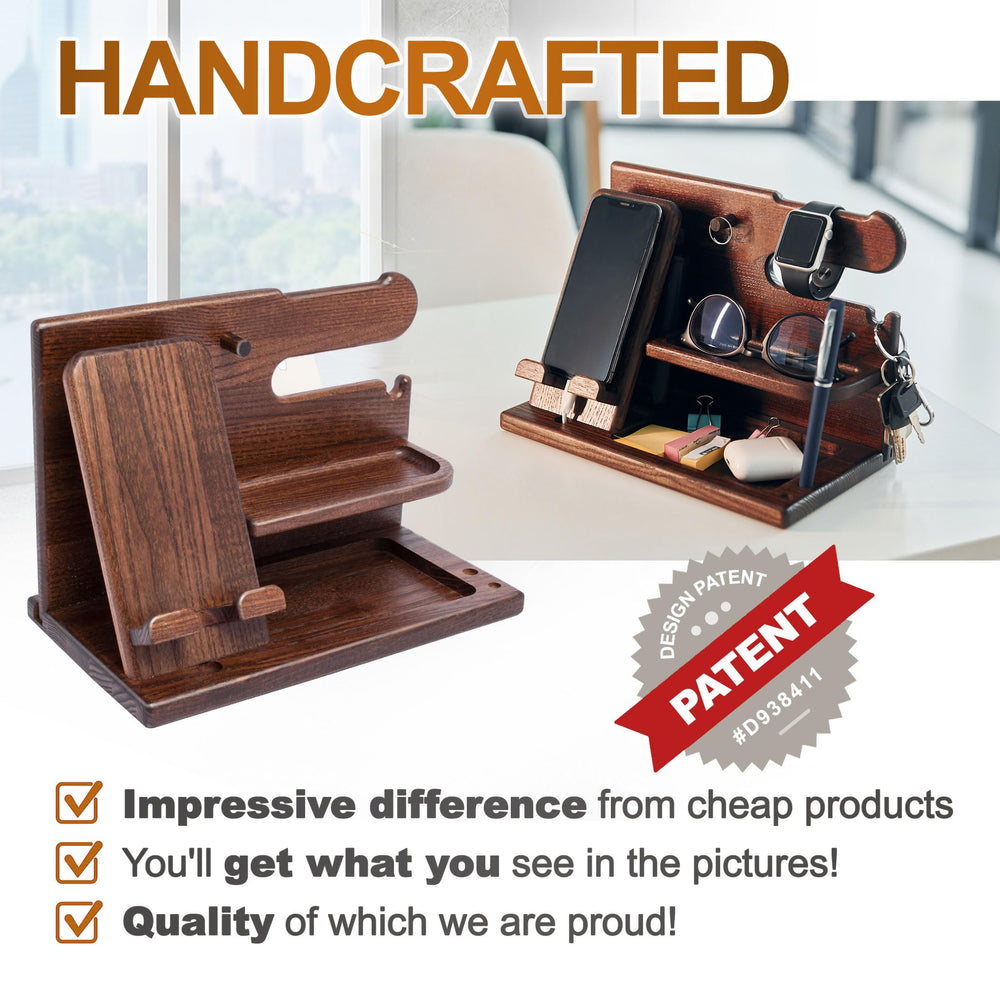Wood Phone Docking Station for men - Desk Accessories & Workspace Organizer - Nightstand organizer - Birthday gifts for Men or Dad - Idea for Anniversary - Key Holder - Stand Watch (Brown)