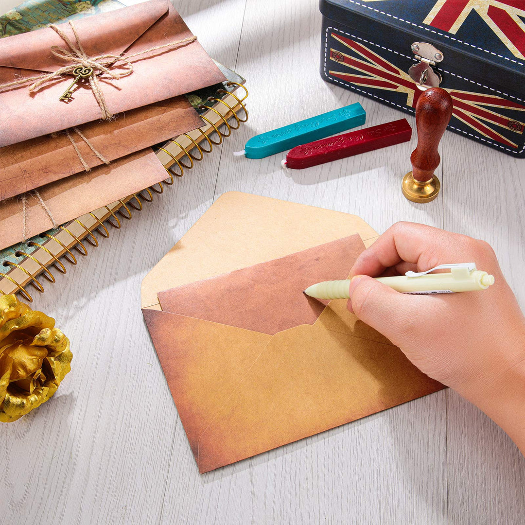 Vintage Envelopes Parchment Paper for Writing Old Looking Paper Letter Writing Kit Classic Aged Stationery Letter, 24 Vintage Paper, 12 Envelope, 12 Rope, 12 Pendant, 8 Sealing Wax Stick