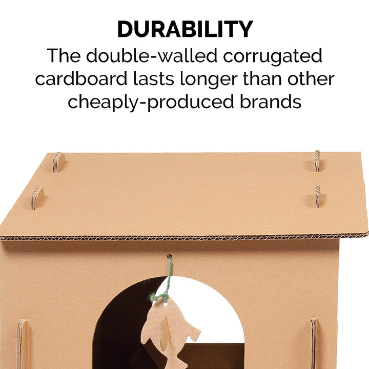 Multi-Level Cardboard Cat House w/ Catnip for Indoor Cats, Ft. Scratching Pads & Toys - Farmhouse Corrugated Cat Scratcher Hideout - Cardboard Brown, One Size