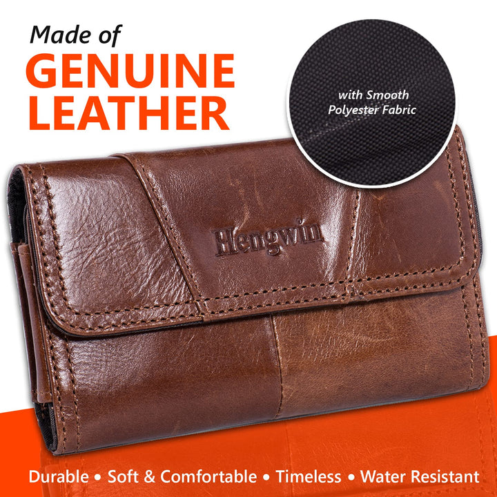 Horizontal Leather Cell Phone Holster with Belt Loop Fits for iPhone 16 Pro Max 15 Plus 14 Pro Max Samsung Galaxy A55 S23 Ultra Note 9 8 Google Pixel 8 Pro Pouch Belt Case Phone Holder (Brown)