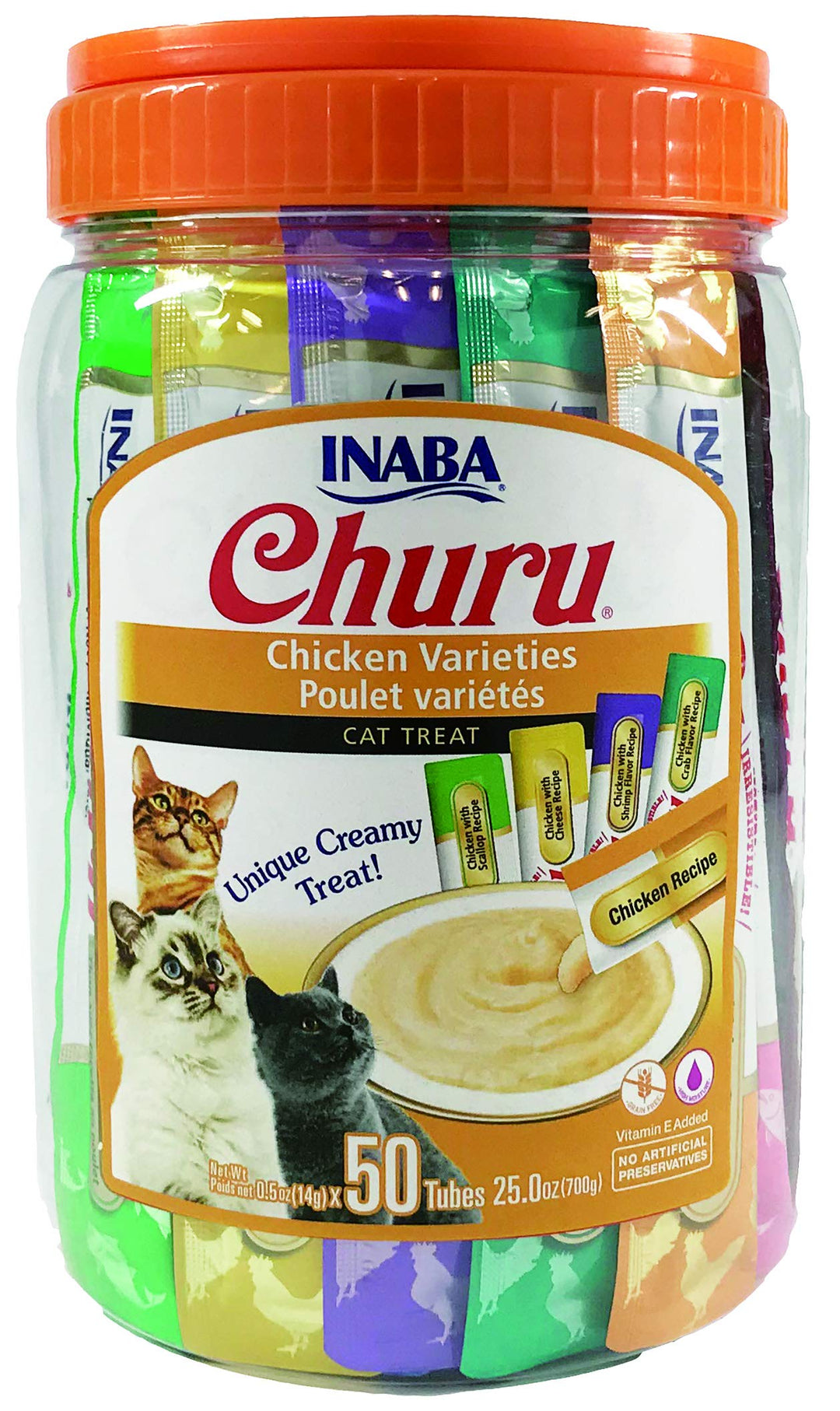 Churu Cat Treats, Grain-Free, Lickable, Squeezable Creamy Purée Cat Treat/Topper with Vitamin E & Taurine, 0.5 Ounces Each Tube, 50 Tubes, Chicken Variety