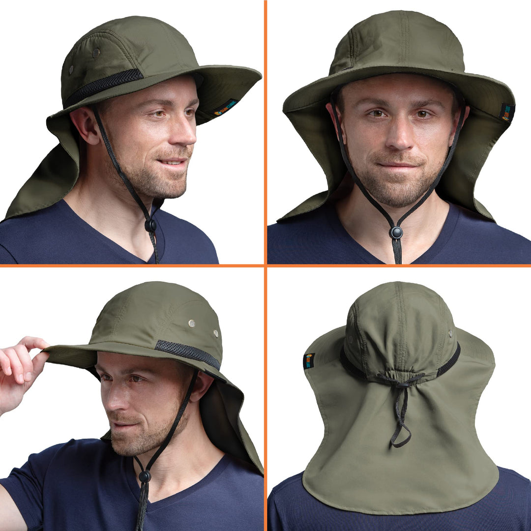 Sun Hat for Men, Wide Brim Fishing Hat Neck Flap Cover Men Women, Hiking Safari, UV Sun Protection Summer Gardening Beach Camping UPF 50+, Olive