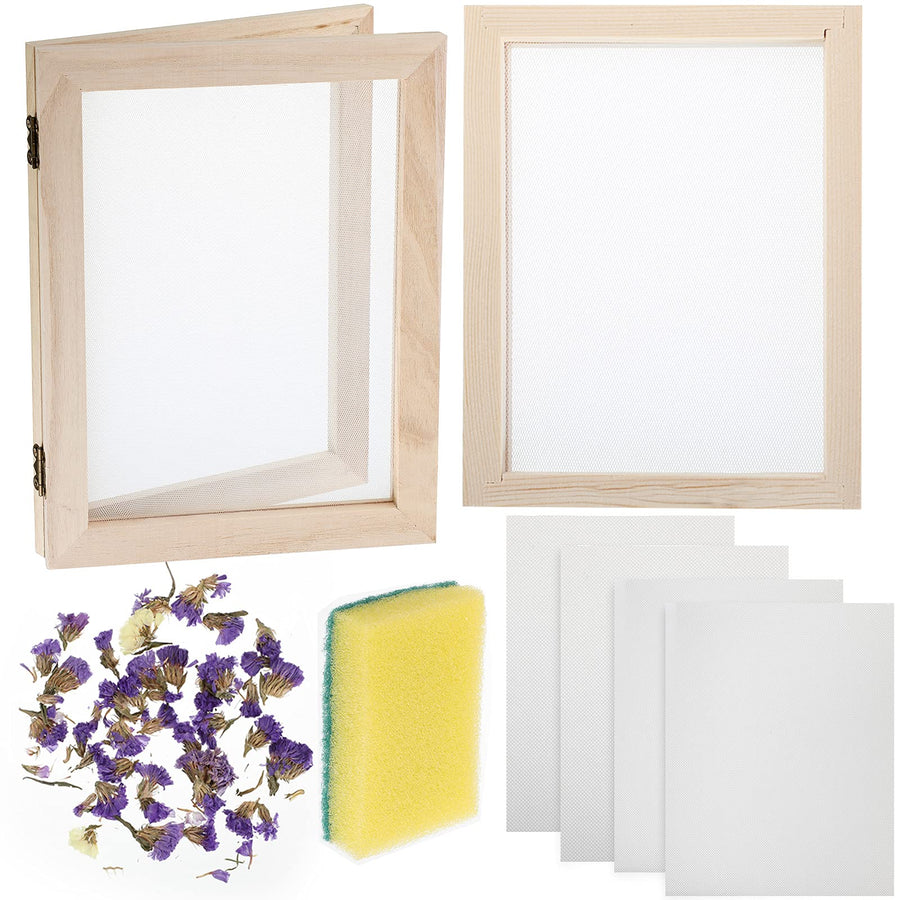 8 Pieces Paper Making Screen Kit Include 7.5 x 9.8 Inches Wooden Paper Making Frame Mould Papermaking Screen Printing Frame Dried Flowers Sponge with Replacement Mesh Cloth for DIY Paper Craft