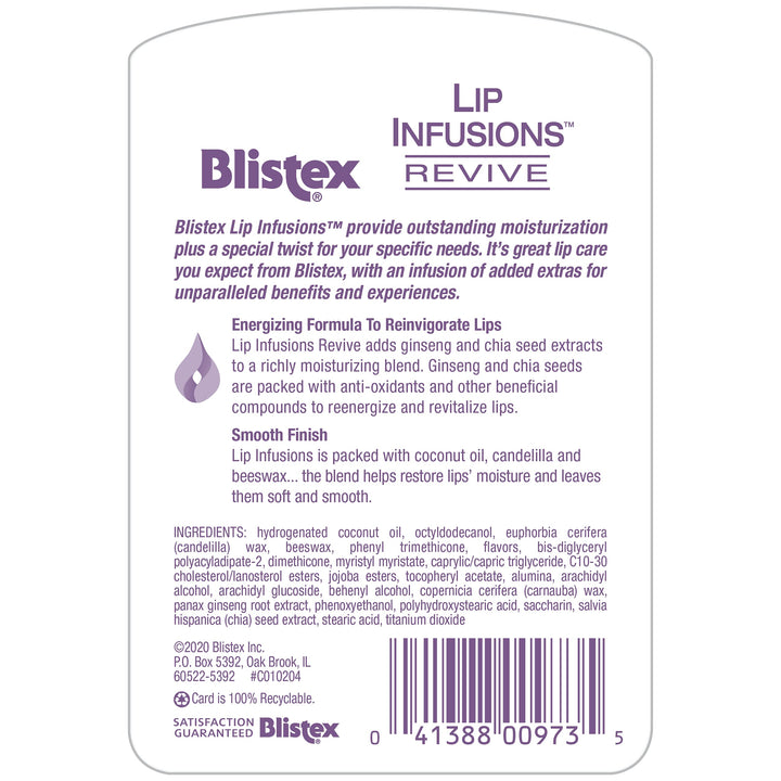 Lip Infusions Revive Lip Moisturizer, Chia Seed, Ginseng, 0.13 Oz