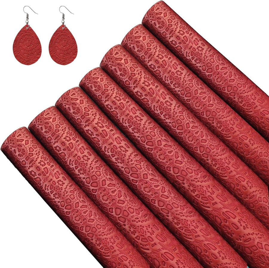 7 Pcs Embossed Faux Leather Sheets for Earrings Purses Making, 8.2 X 11.8 with Flower Leaf Embossed Textured Synthetic Fabric Sheets for DIY Bows Wallet Sewing Crafts (Red Mechanical)