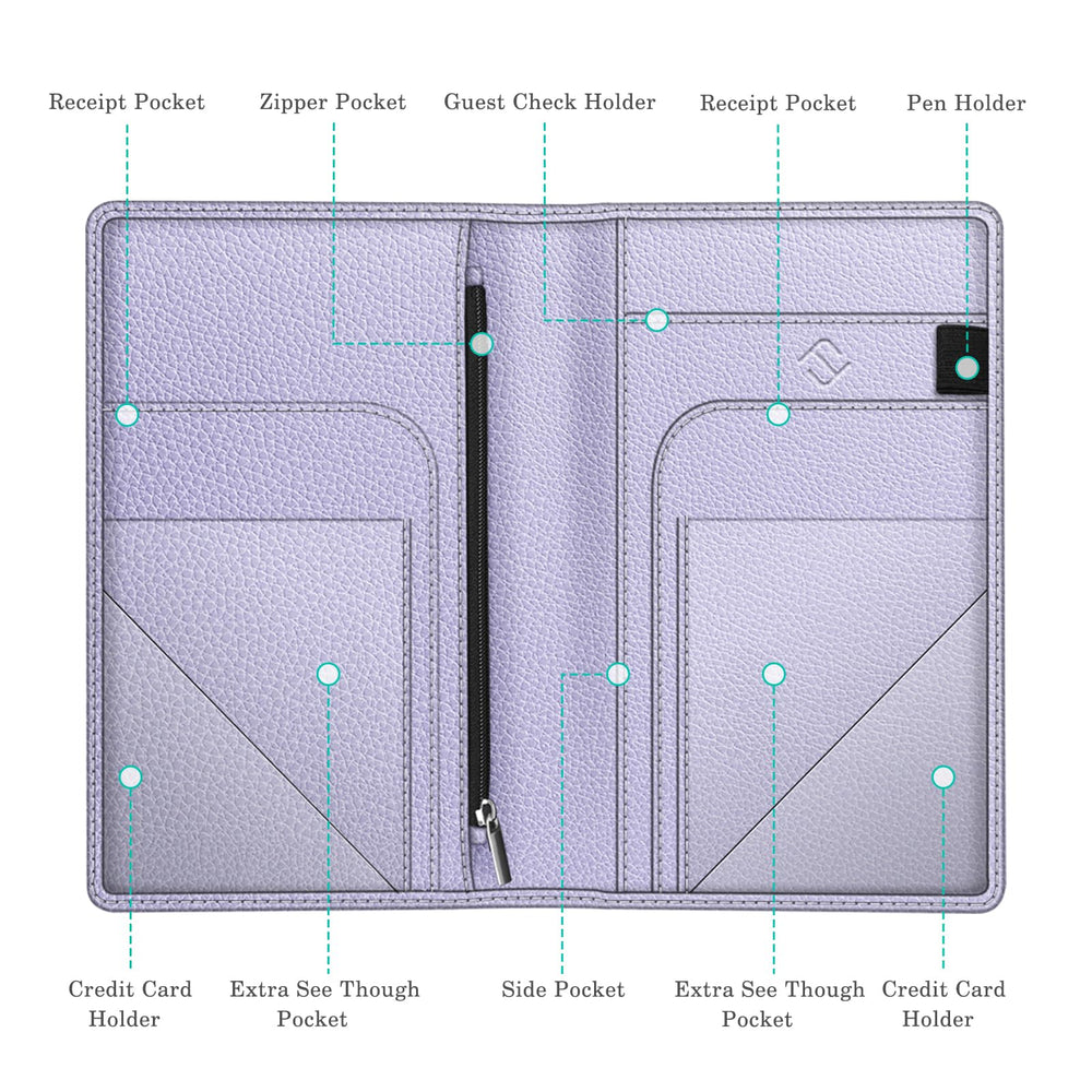 Server Book Organizer with Zipper Pocket, PU Leather Restaurant Guest Check Presenters Card Holder for Waitress, Waiter, Bartender (Lilac Purple)