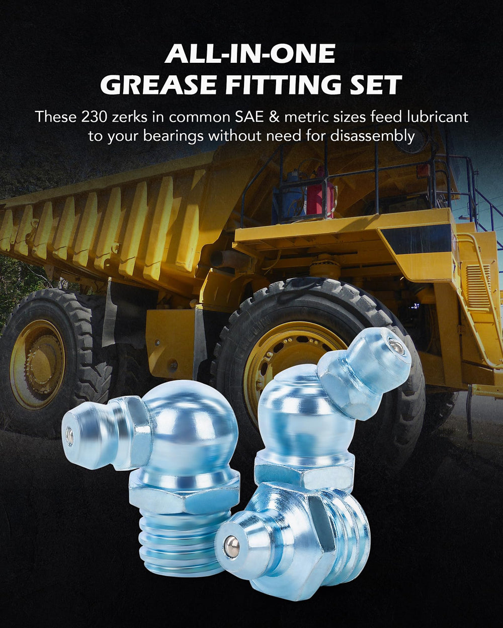 230pc SAE & Metric Grease Fittings Kit Hydraulic Grease Zerk Assortment: 1/4 1/8 M6 M10 Straight 45 90 Degree Zerks Galvanized Steel Set for Replacing Missing or Broken Zerk Grease Fittings