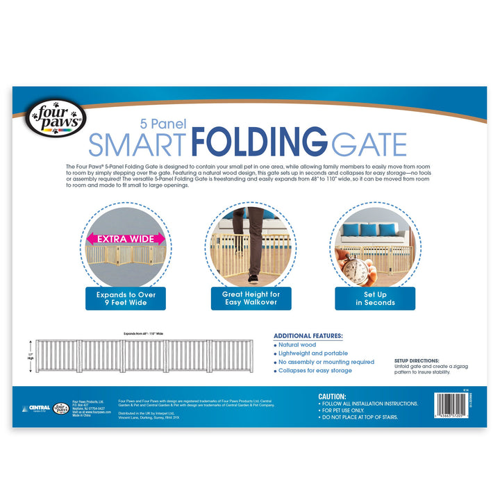 Smart Folding Free Standing 5-Panel Wood Dog Gate, 48-110 W by 17 H