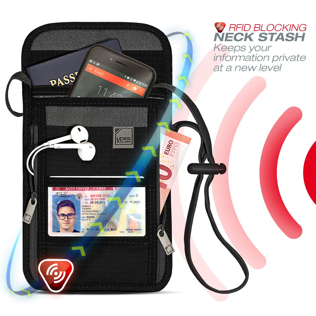 RFID Blocking Stash Neck Wallet, Travel Pouch + Passport Holder for Women & Men, Black, One Size
