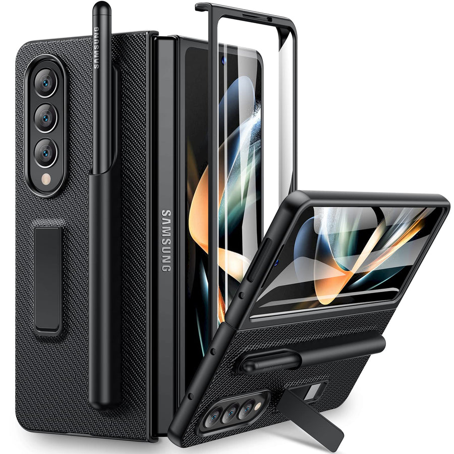 for Galaxy Z Fold 4 Case, Samsung Z Fold 4 Case with Screen Protector & S Pen Holder Built-in Kickstand PU Leather Shockproof Case for Samsung Galaxy Z Fold 4 2022 Released - Carbon Fiber Black