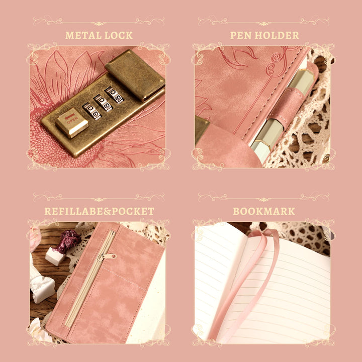 Lock Diary for Women Girls Vintage Lock Journal Refillable Personal Locking Diary Leather Locking Journal Writing Notebook B6 Secret Journal with Combination Passwords 5.5 x 7.8 in, Sunflower Pink
