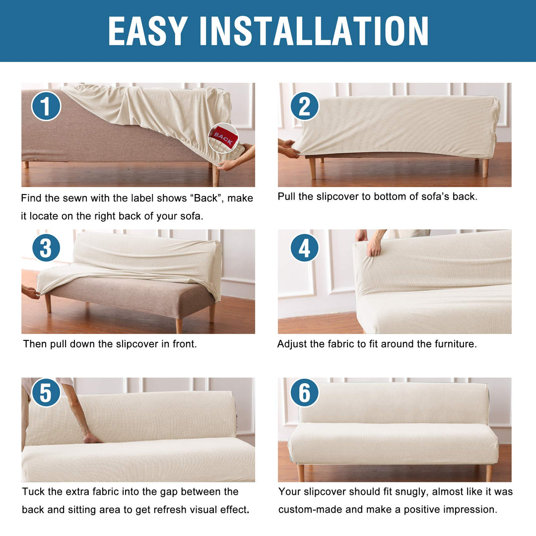 Armless Futon Cover Stretch Sofa Bed Slipcover Protector Elastic Feature Rich Textured High Spandex Small Checks Jacquard Fabric Futon Cover, Machine Washable, Natural