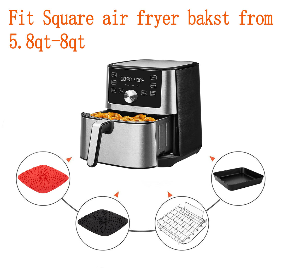 8 inch Square Air Fryer Accessories for Instant Vortex Air Fryer,COSORI,Philips AirFryers,Set of 4,Multi-purpose Double Layer Rack with Skewer,Nonstick Pizza Pan,Silicone Mat