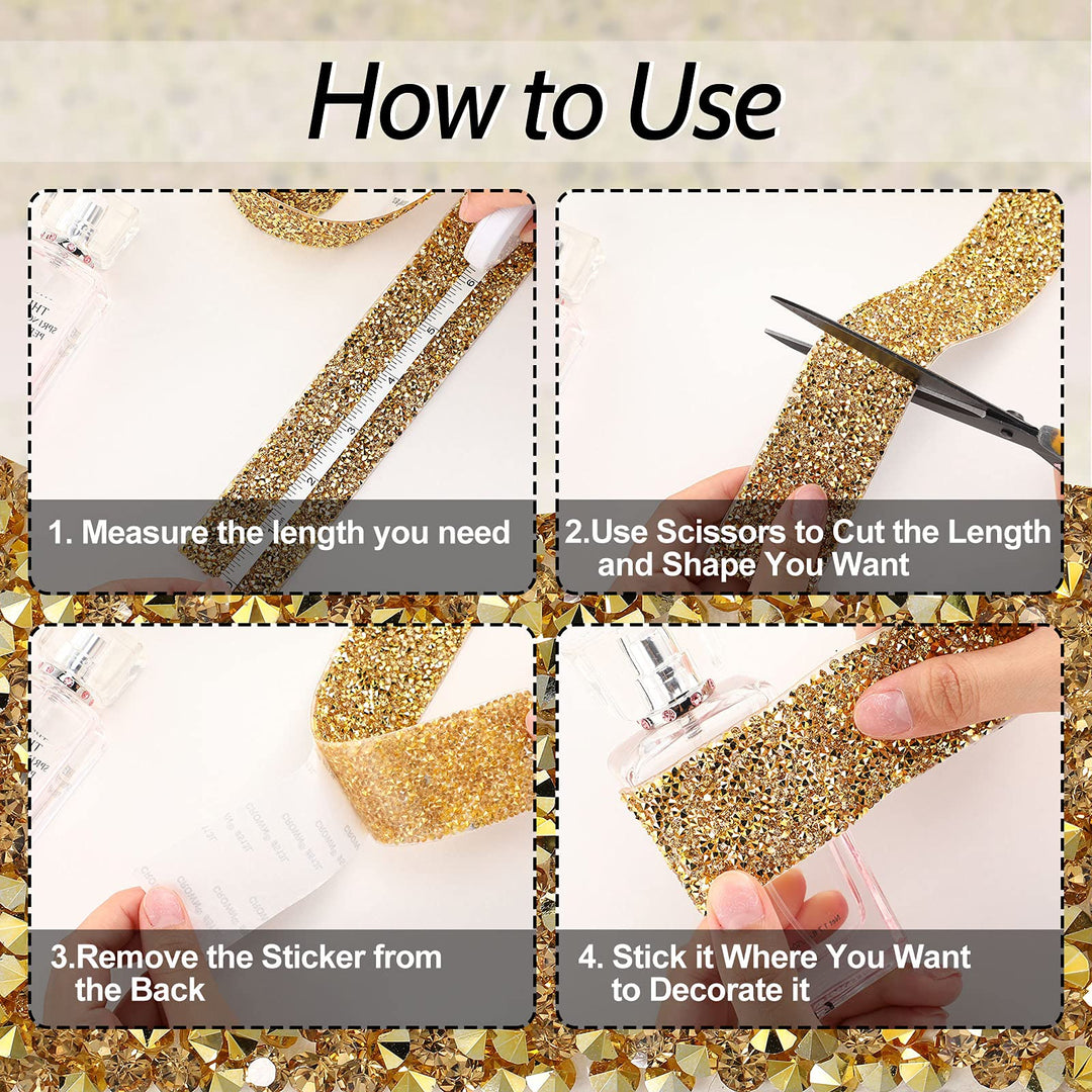Bling Crystal Rhinestone Ribbon, DIY Self-Adhesive Rhinestone Sticker Ribbon for Wedding Cakes Birthday Crafts Decorations(Gold,1.6 Inch Wide)