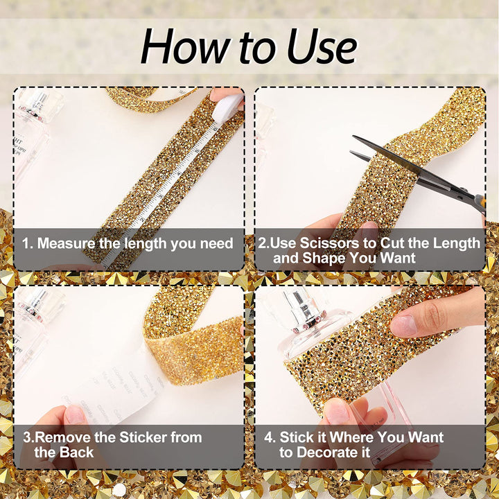 Bling Crystal Rhinestone Ribbon, DIY Self-Adhesive Rhinestone Sticker Ribbon for Wedding Cakes Birthday Crafts Decorations(Gold,1.6 Inch Wide)