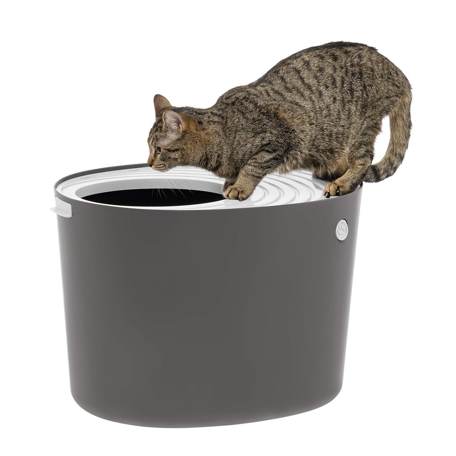 USA Cat Litter Box, Top Entry Litter Box with Scoop, Stylish Round Cat Litter Box Enclosure, Kitty Litter Box, Dark Gray/White