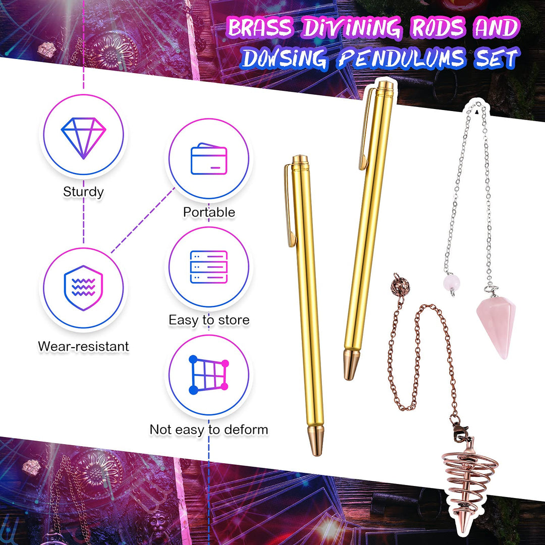 4 Pcs Brass Divining Rods and Dowsing Pendulums Set Include 2 Retractable Paranormal Dowsing Rods with Brass Handle and 2 Dowsing Pendulums for Hunting Treasure, Divining Water, Finding Items
