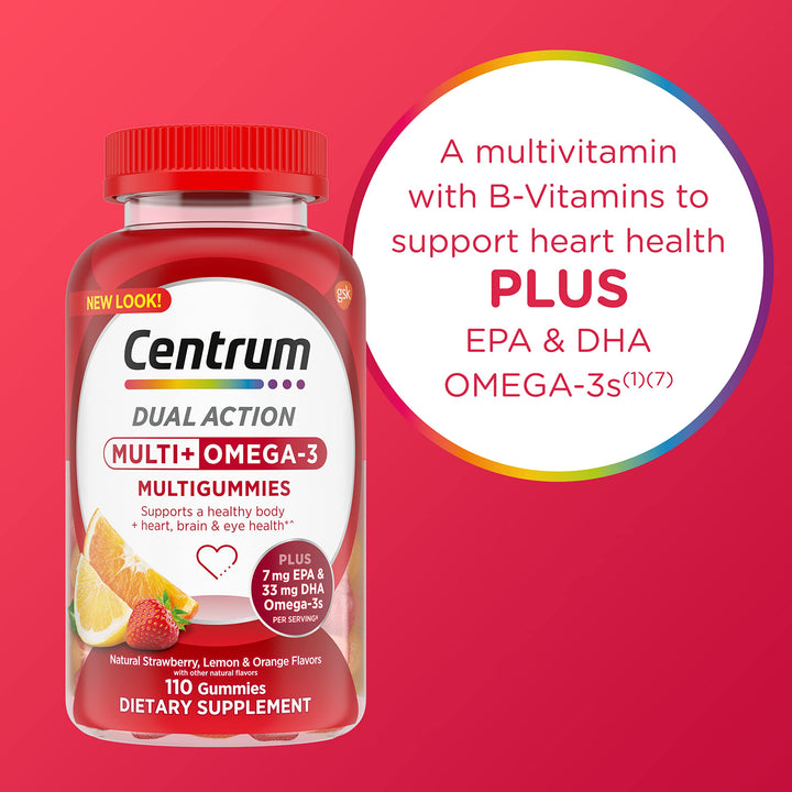 MultiGummies Multi+ Omega 3 Dual Action, Adult Multivitamin, Multivitamin/Multimineral/Omega 3 Supplement, Strawberry/Lemon/Orange Flavors - 110 Count