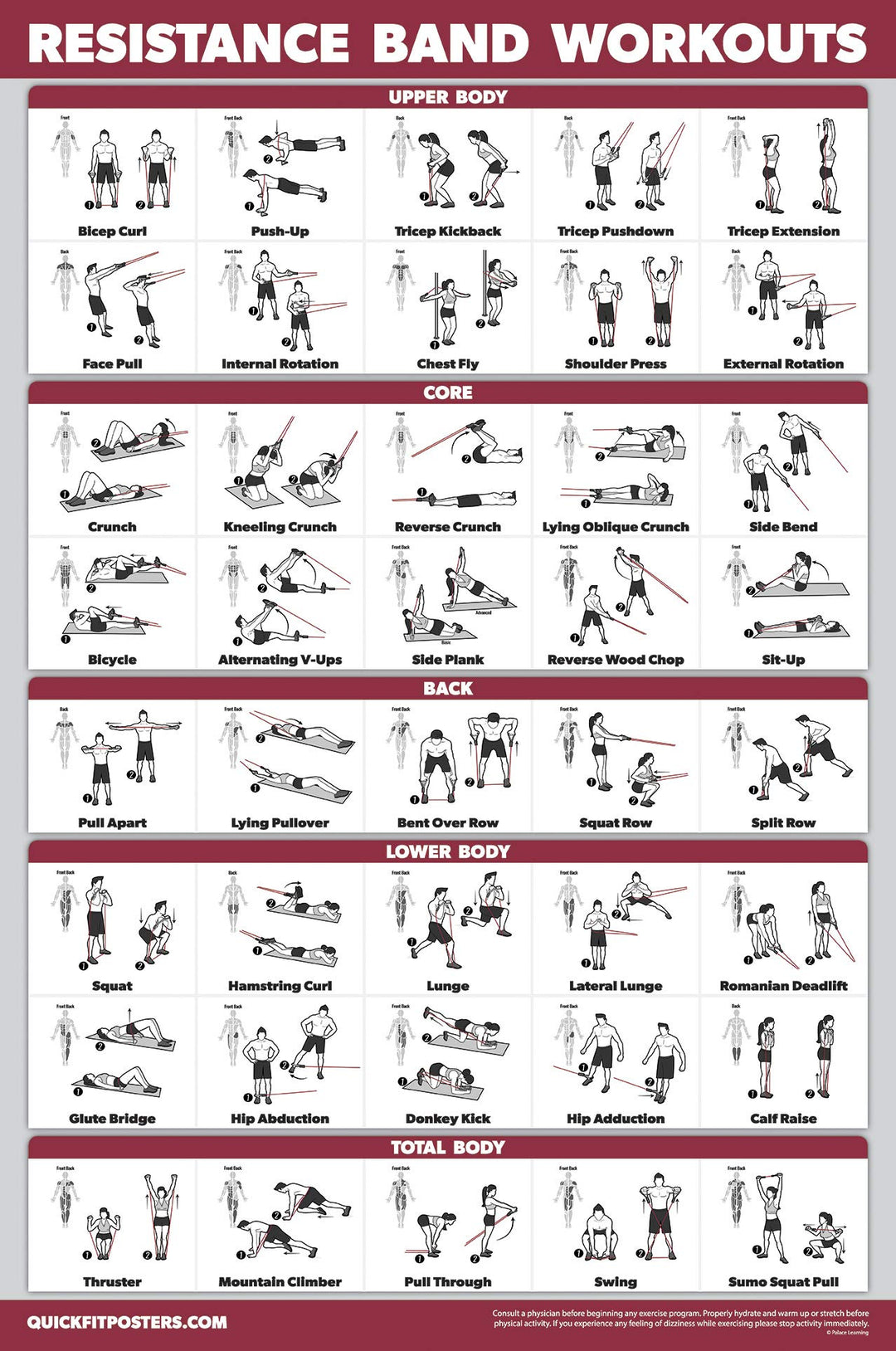QUICKFIT Resistance Bands Workout Exercise Poster - Double Sided (Laminated, 18 x 27)