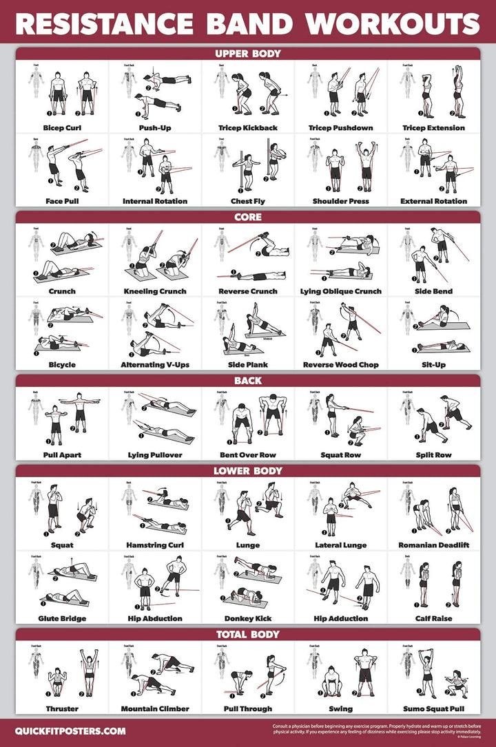 QUICKFIT Resistance Bands Workout Exercise Poster - Double Sided (Laminated, 18 x 27)