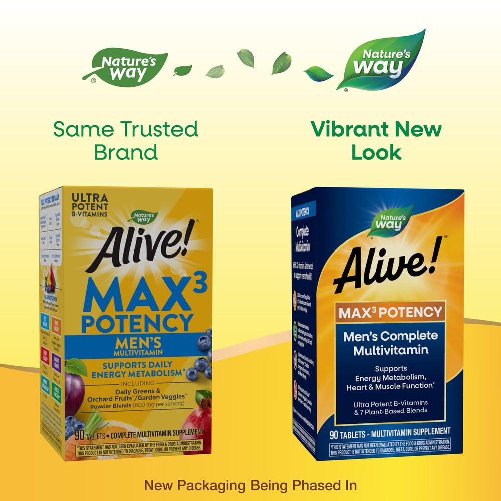 Nature’s Way Alive! Men’s Max3 Potency Multivitamin, Supports Energy Metabolism*, Heart & Muscle Function*, with Methylated B12 and Folate, Gluten-Free, 90 Tablets (Packaging May Vary)
