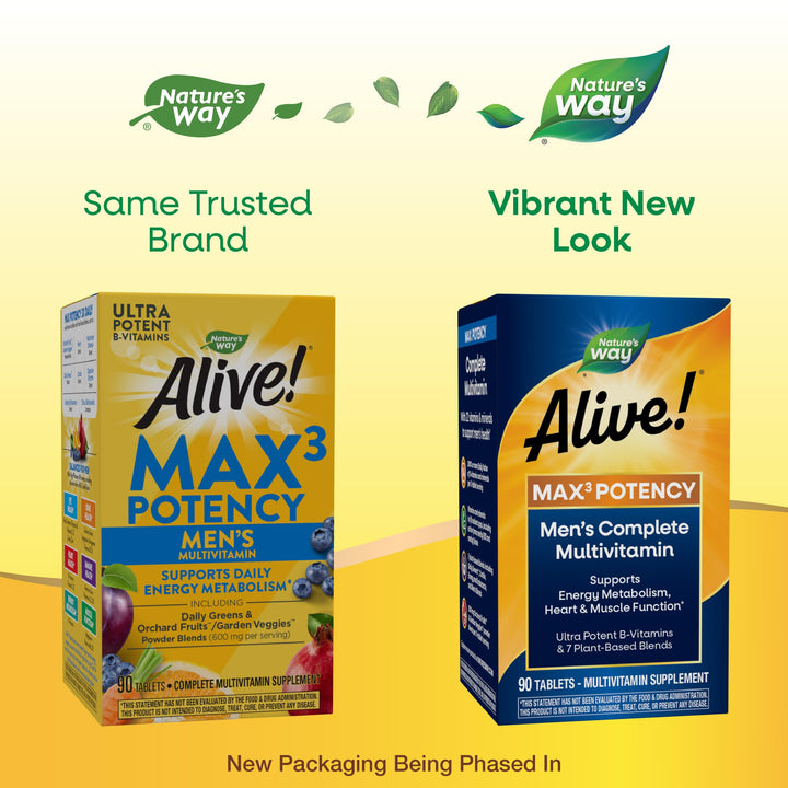 Nature’s Way Alive! Men’s Max3 Potency Multivitamin, Supports Energy Metabolism*, Heart & Muscle Function*, with Methylated B12 and Folate, Gluten-Free, 90 Tablets (Packaging May Vary)