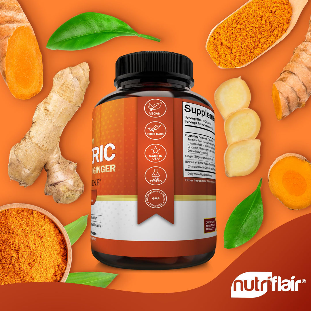 Turmeric Curcumin with Ginger and BioPerine Black Pepper Supplements, 180 Capsules - 95% Curcuminoids - Joint Support, Antioxidant, Anti Aging - Natural, Non-GMO, Vegan Best Maximum Potency