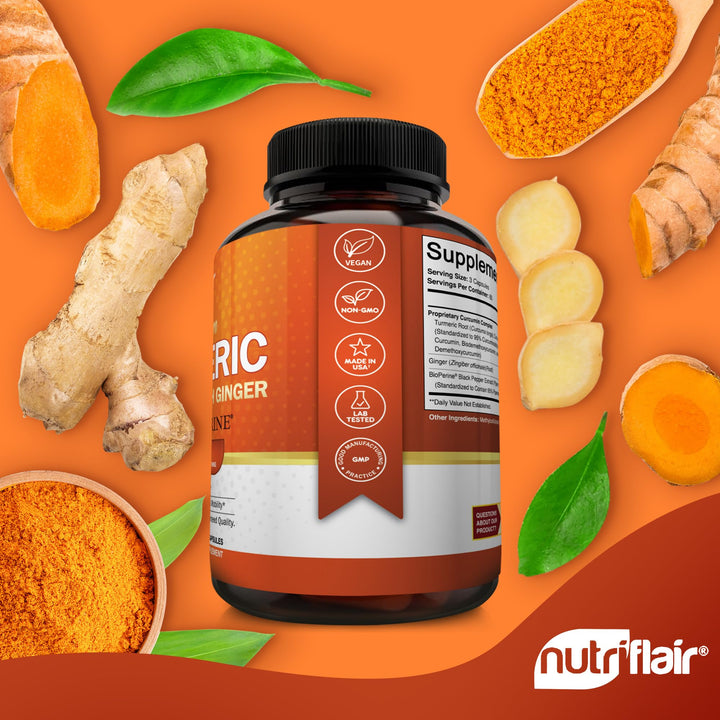 Turmeric Curcumin with Ginger and BioPerine Black Pepper Supplements, 180 Capsules - 95% Curcuminoids - Joint Support, Antioxidant, Anti Aging - Natural, Non-GMO, Vegan Best Maximum Potency