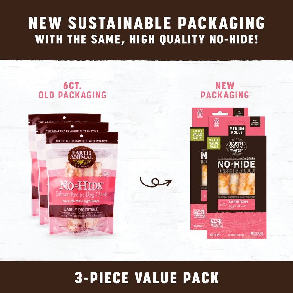 No Hide Medium Salmon Flavored Natural Rawhide Free Dog Chews Long Lasting Chew Sticks | Treats for Large Dogs | Great for Aggressive Chewers (3 Pack)