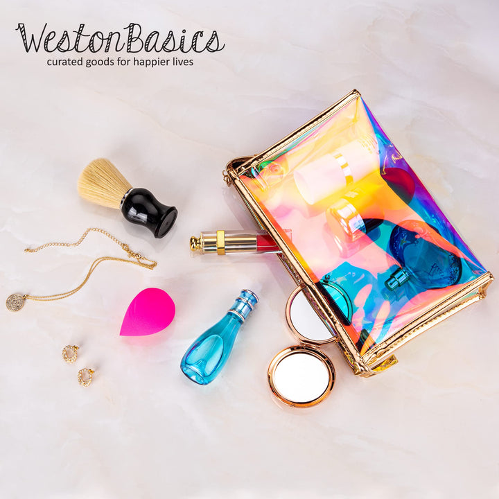 Holographic Iridescent Makeup Pouch | Portable Waterproof Cosmetic Bag Set for Women, Ladies & Bridesmaids | Clear Pouch for Travel, Toiletry | Large Clear Makeup Bags with Zipper