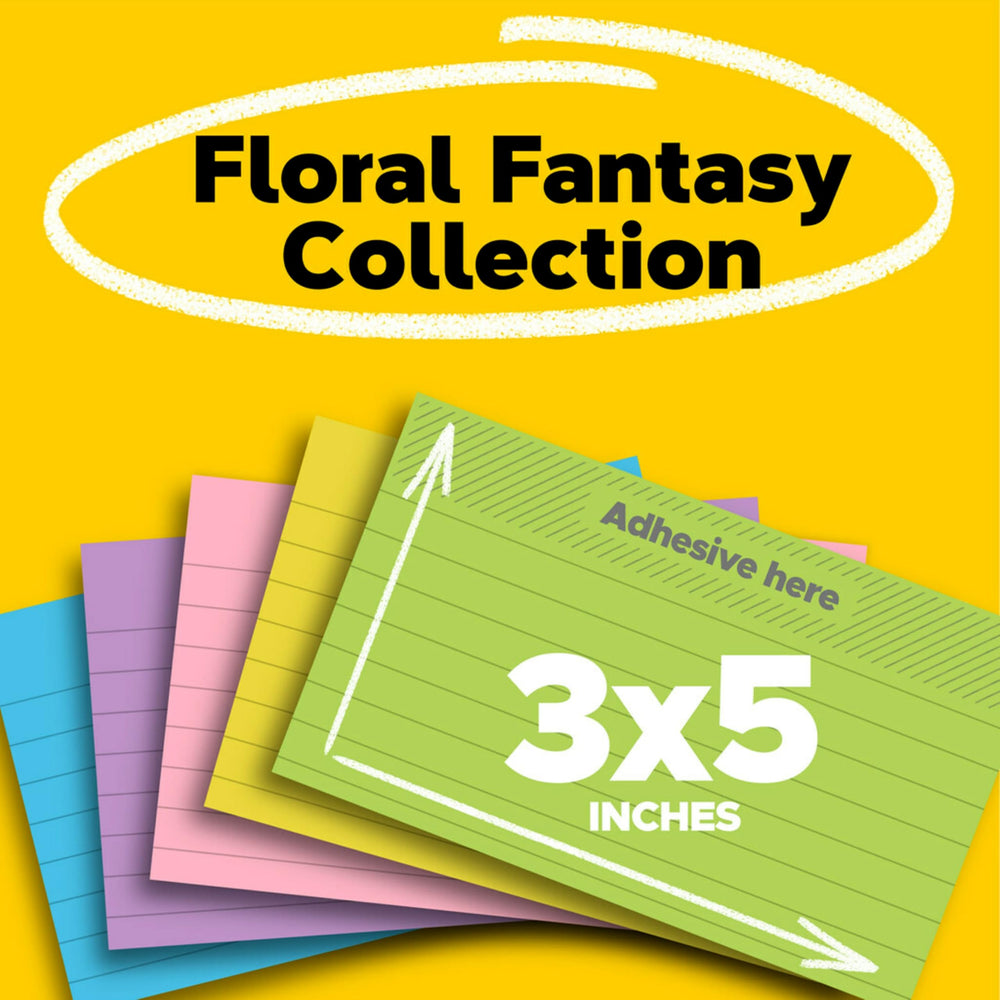 Notes, 3x5 in, 5 Pads, Floral Fantasy Collection, Lined, Bold Colors (Green, Yellow, Pink, Purple, Blue), Clean Removal, Recyclable (635-5AU)