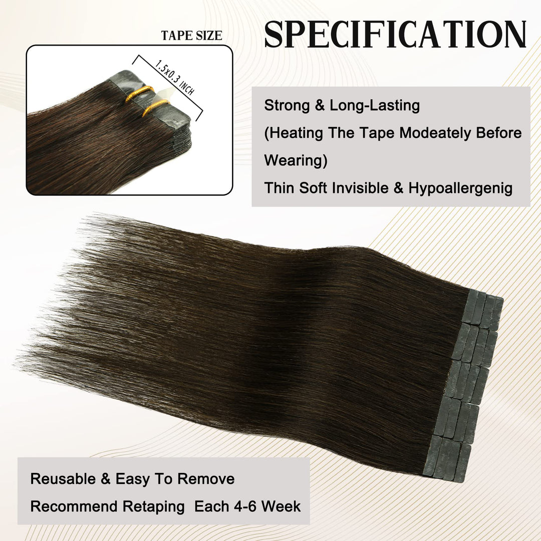 Dark Brown Tape in Hair Extensions 100% Remy Human Hair Brown Tape in Extensions 18 Inch 40g 20pcs Invisible Tape in Hair Extensions Remy Human Hair Silky Straight Human Hair Tape in Extensions